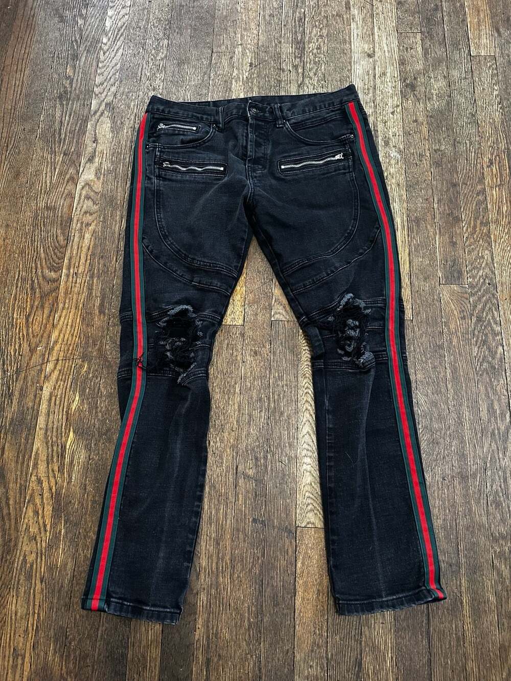 DOPE Black Moto Biker Jeans Size 34 with Red and Green Side Stripe Flaw